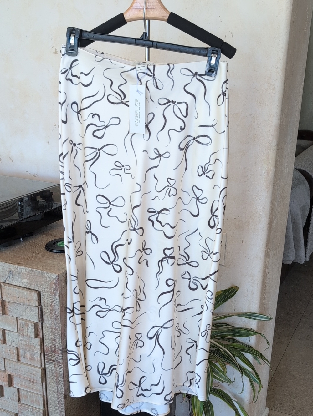 Rachel Zoe Ivory Maxi Skirt with Black Ribbon Bows Coquette Print
